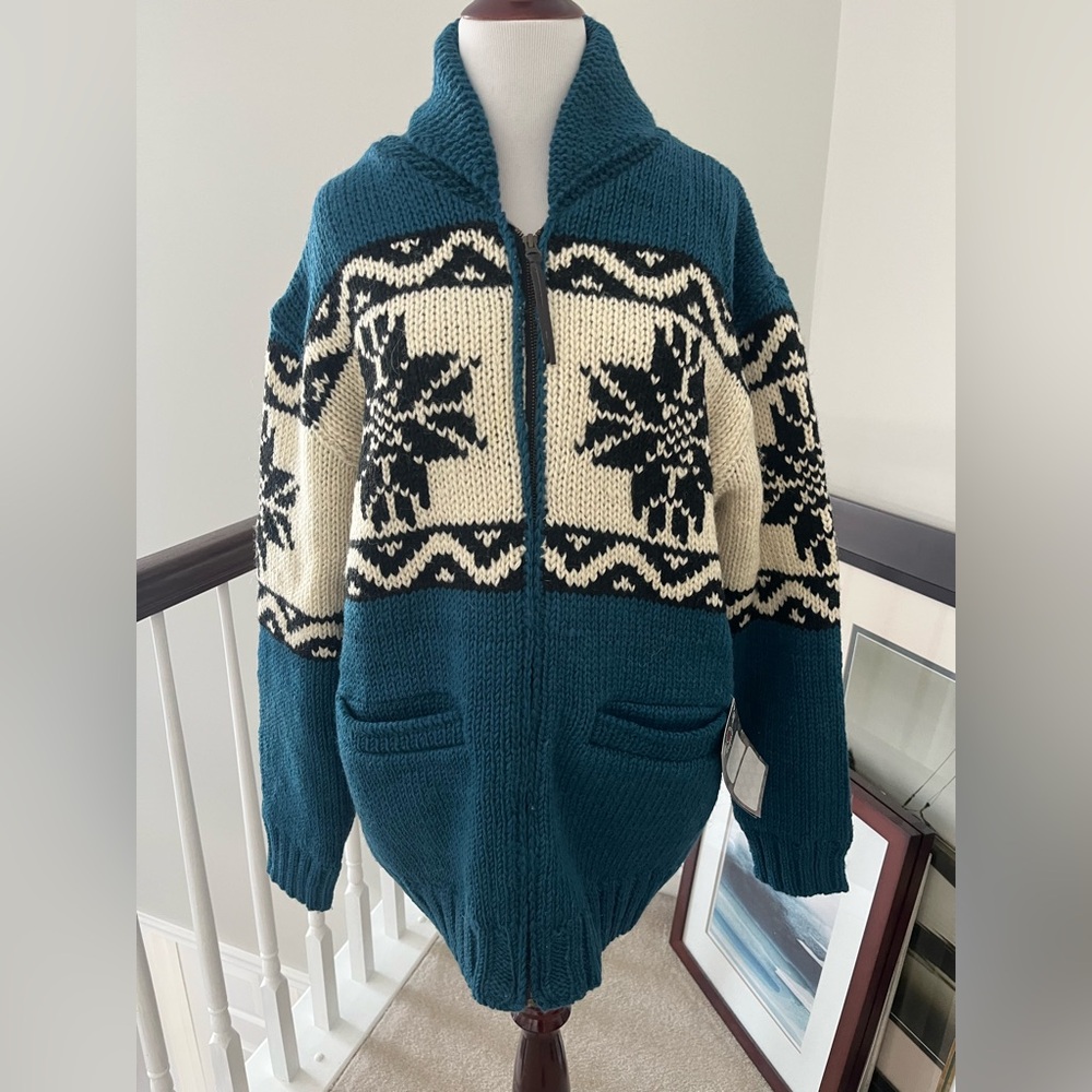 Teal and Cream Zip-Front Nordic Knit Sweater